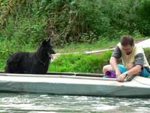 polnischer Paddler mit Hund